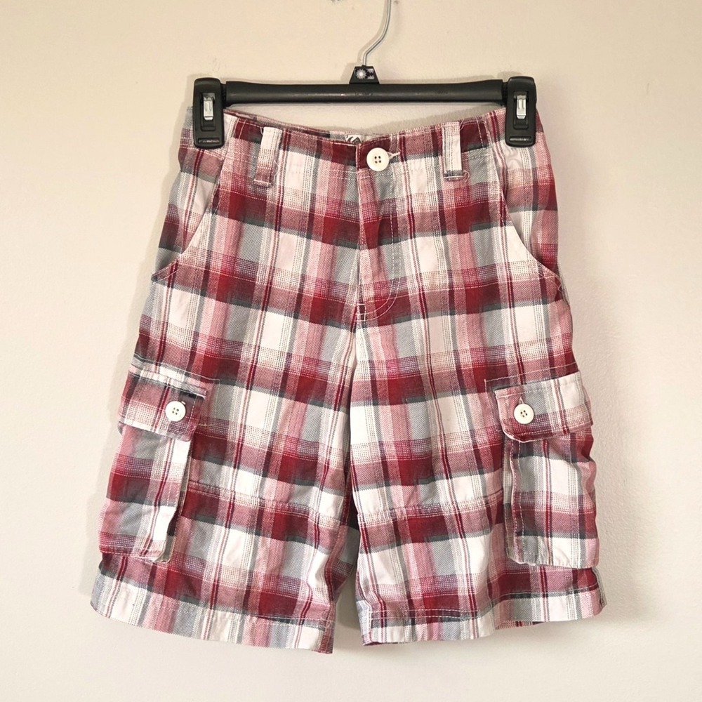 Vtg. Y2K Overdrive Clothing Boys Plaid Cargo Shorts Size 10 Adjustable Waist